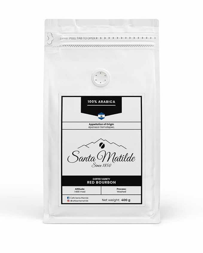 **Café de Especialidad Santa Matilde Red Bourbon en Grano – El Salvador | Proceso Lavado | Origen Único | Denominación de Origen Apaneca-Ilamatepec | Tueste Medio | 400 g | Notas de Ciruela, Chocolate y Taza Limpia | 100 % Arábica SHG**