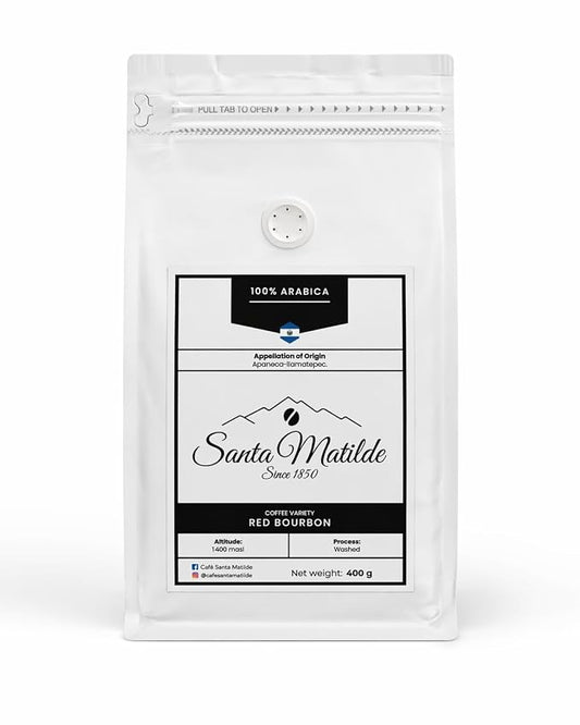 **Café de Especialidad Santa Matilde Red Bourbon en Grano – El Salvador | Proceso Lavado | Origen Único | Denominación de Origen Apaneca-Ilamatepec | Tueste Medio | 400 g | Notas de Ciruela, Chocolate y Taza Limpia | 100 % Arábica SHG**