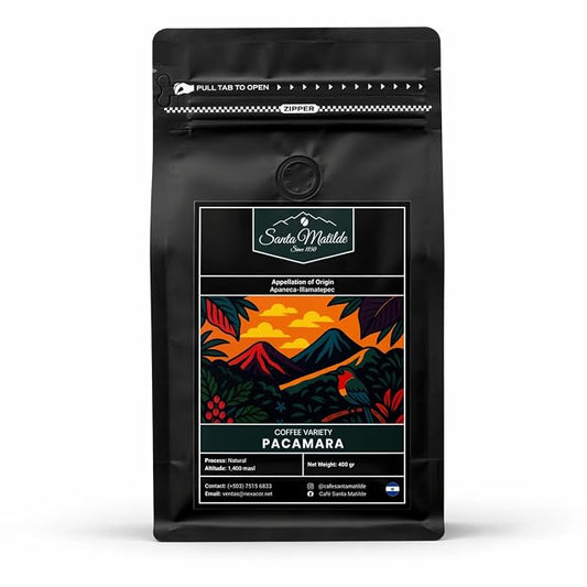 Café en Grano Pacamara Santa Matilde, El Salvador – Proceso Natural, Origen Único | Denominación de Origen Apaneca-Ilamatepec | Tueste Medio, 400 g | Notas de Fresa, Ciruela y Chocolate | Variedad Rara SHG