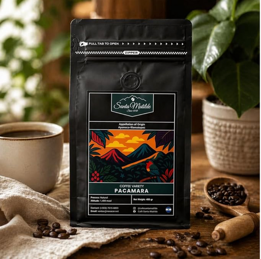 Café en Grano Pacamara Santa Matilde, El Salvador – Proceso Natural, Origen Único | Denominación de Origen Apaneca-Ilamatepec | Tueste Medio, 400 g | Notas de Fresa, Ciruela y Chocolate | Variedad Rara SHG