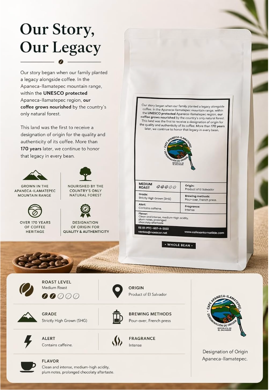 **Café de Especialidad Santa Matilde Red Bourbon en Grano – El Salvador | Proceso Lavado | Origen Único | Denominación de Origen Apaneca-Ilamatepec | Tueste Medio | 400 g | Notas de Ciruela, Chocolate y Taza Limpia | 100 % Arábica SHG**