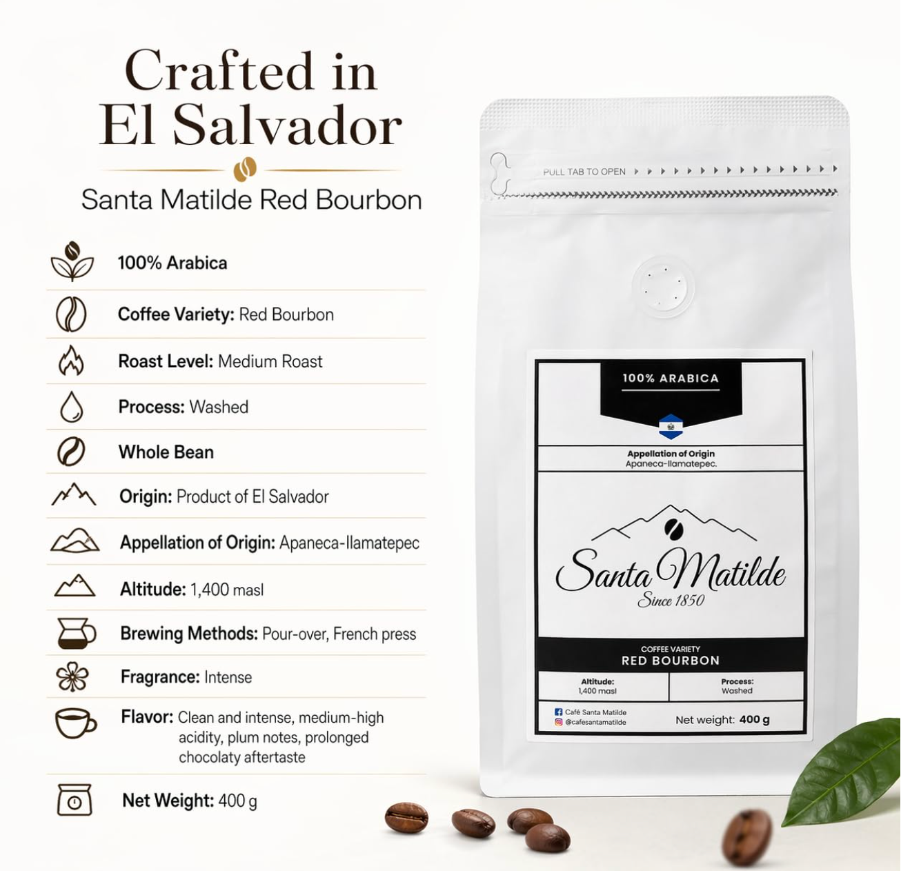 **Café de Especialidad Santa Matilde Red Bourbon en Grano – El Salvador | Proceso Lavado | Origen Único | Denominación de Origen Apaneca-Ilamatepec | Tueste Medio | 400 g | Notas de Ciruela, Chocolate y Taza Limpia | 100 % Arábica SHG**